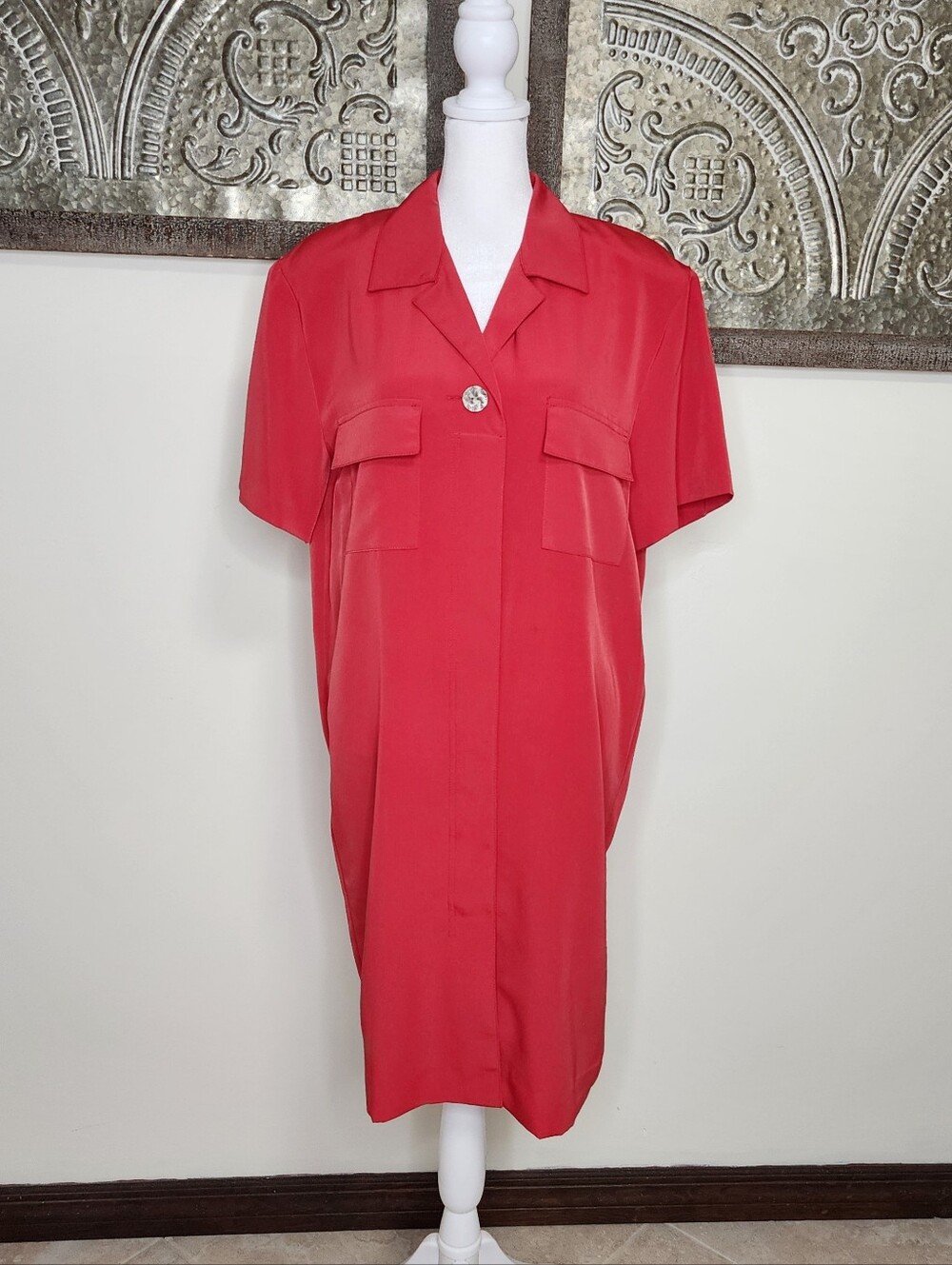 Vtg. Kathie Lee Collection Soft Red Short-Sleeve Shirt Dress Button Detail Sz 8